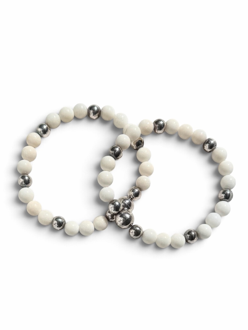 Milor Italy 925 Sterling Silver White Agate Beaded Stretch Bracelets Set of 2